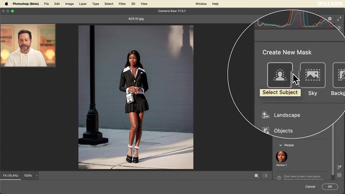 AI masking panel open, background mask options visible