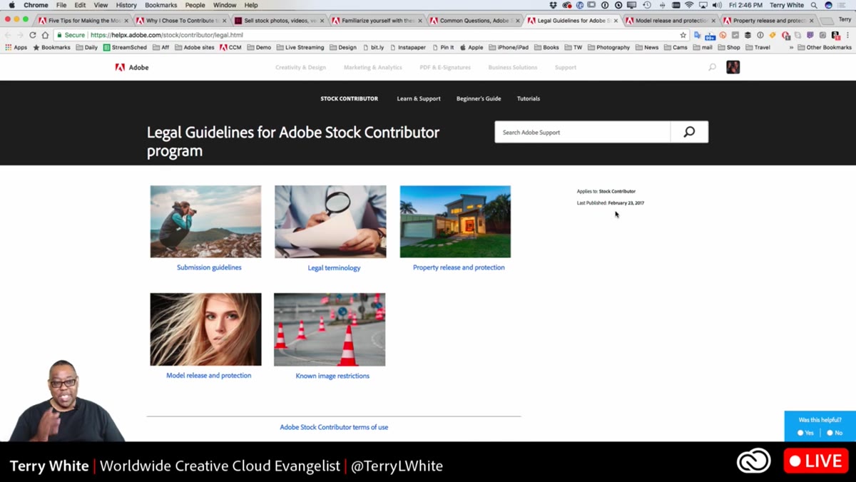 Adobe Stock contributor legal guidelines page open in browser