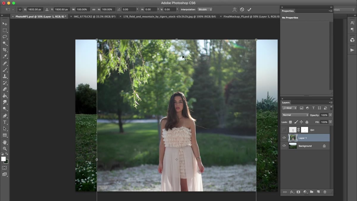 Model photo being pasted onto landscape background
