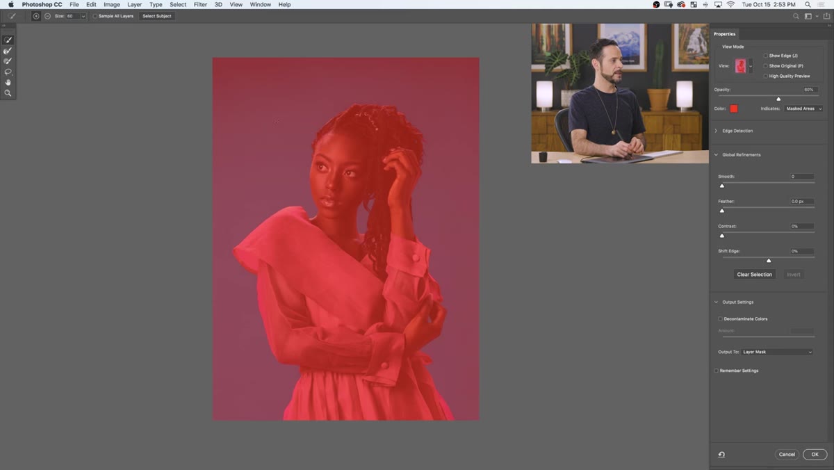 Quick Selection tool active, painting over the blue background