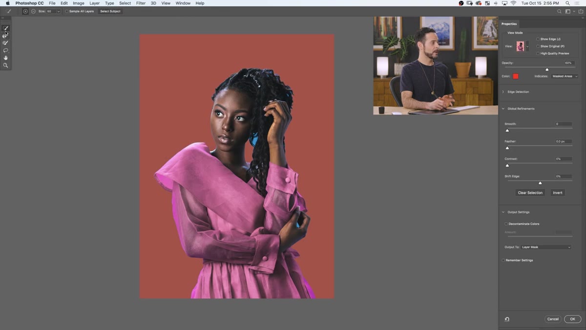 Refine Edge Brush tool active, painting over subject&rsquo;s hair strands