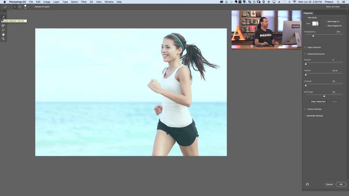 Quick Selection tool being dragged over subject&rsquo;s legs and shorts
