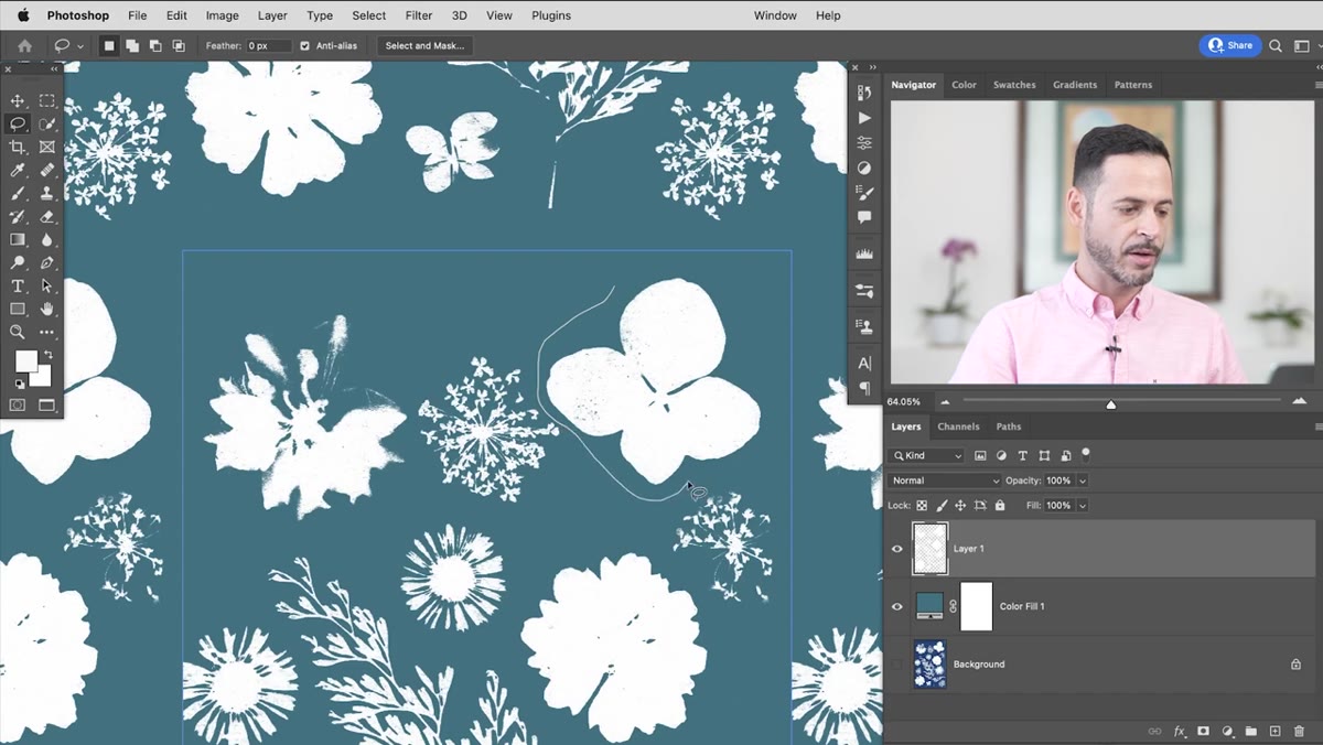 Lasso tool selecting single flower element on canvas