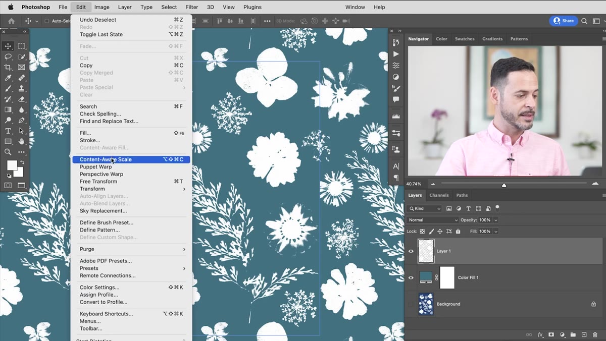 Edit menu open with Define Pattern option visible