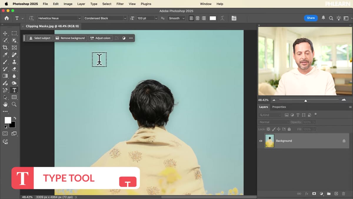 Type tool active, large bold text being placed over portrait