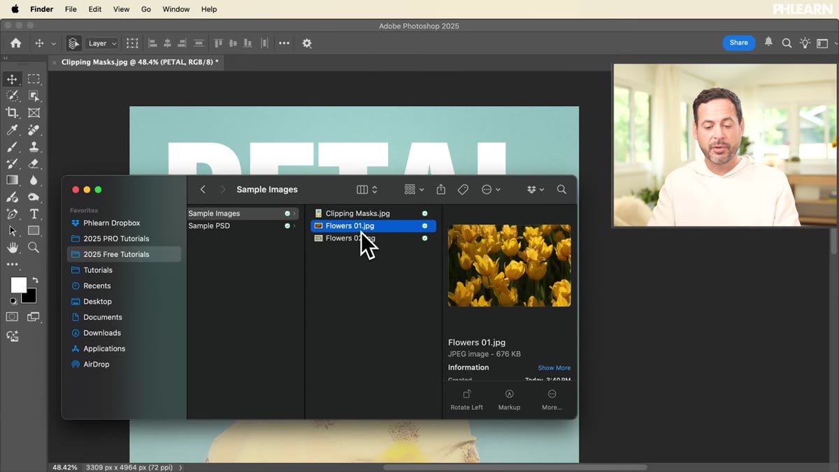 Two flower images being dragged from Finder into Photoshop