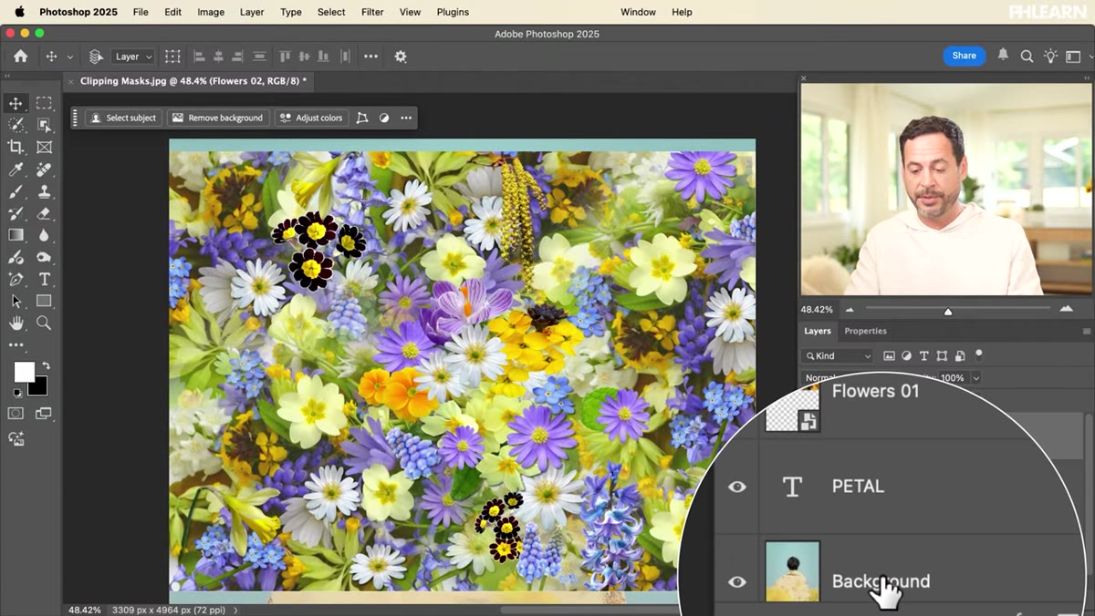 Layer panel showing background, text layer, and two flower layers stacked above