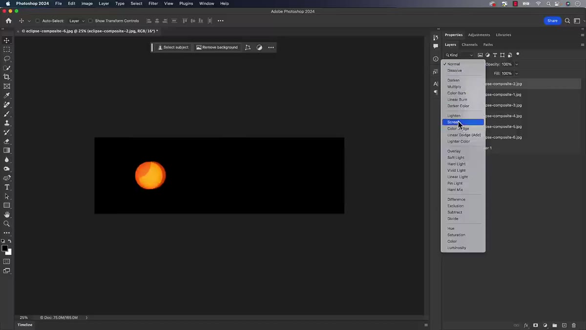 caption: Blend mode dropdown set to Screen on an eclipse phase layer