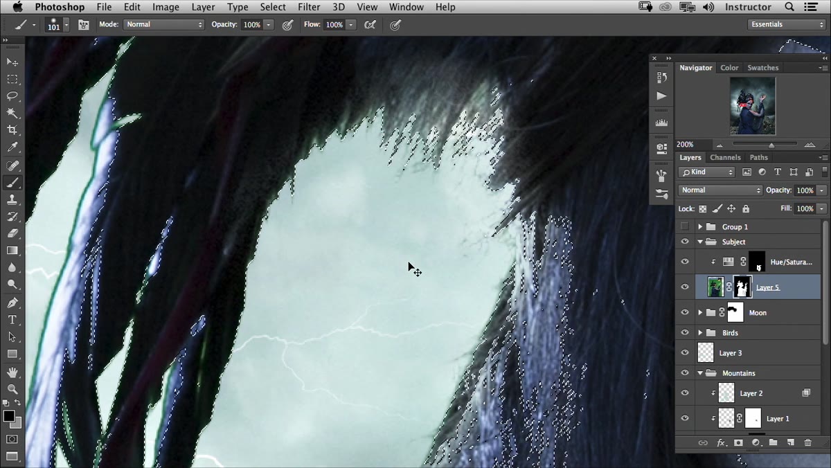 Painting white on a layer mask after inversing the selection to recover hair