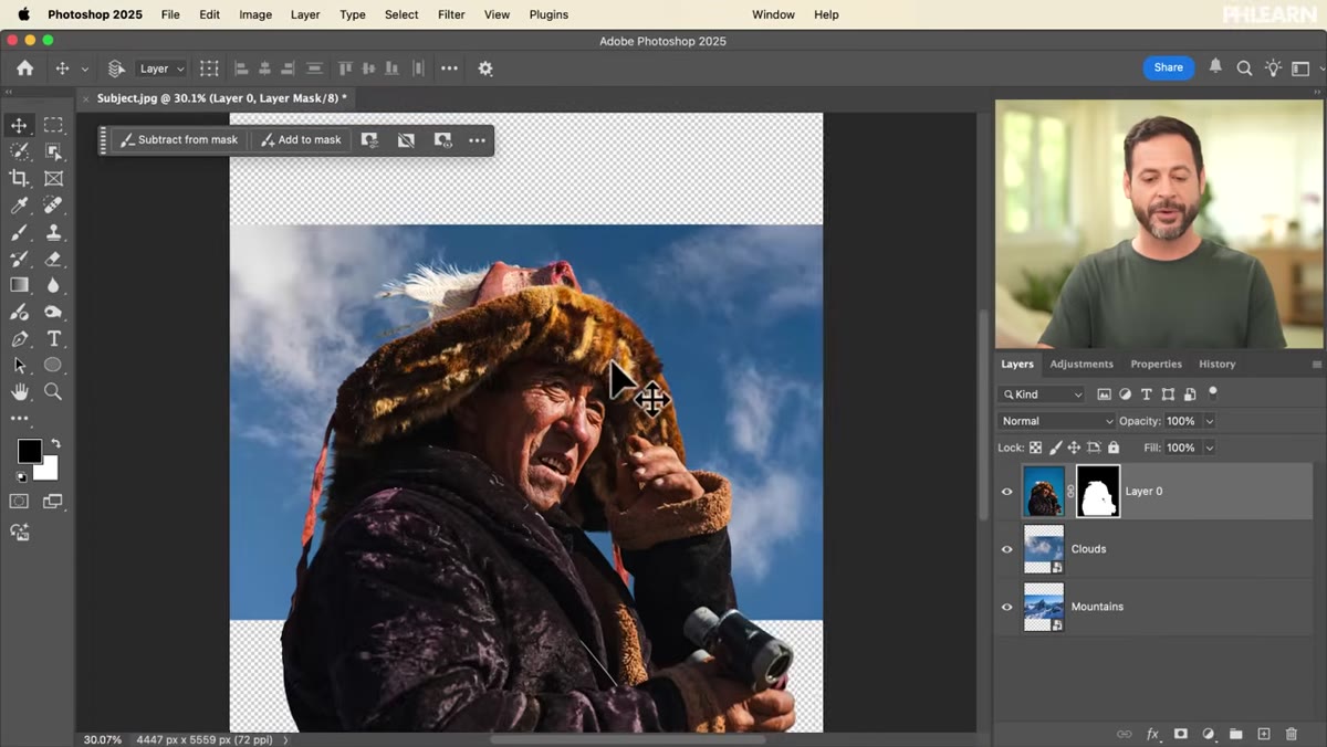 Layer mask thumbnail appearing next to subject layer