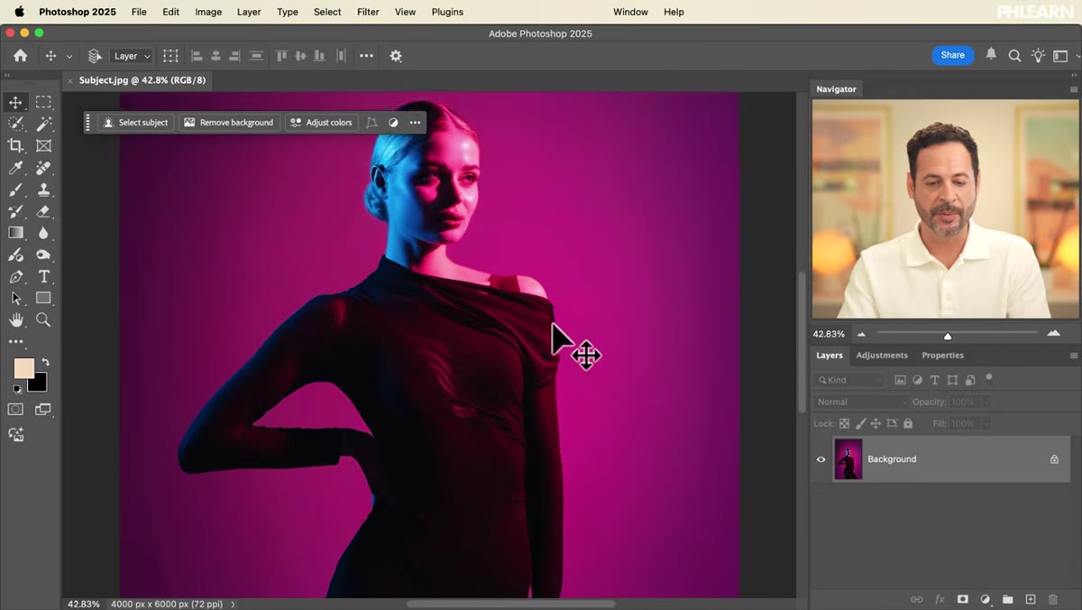 Base portrait image open in Photoshop workspace