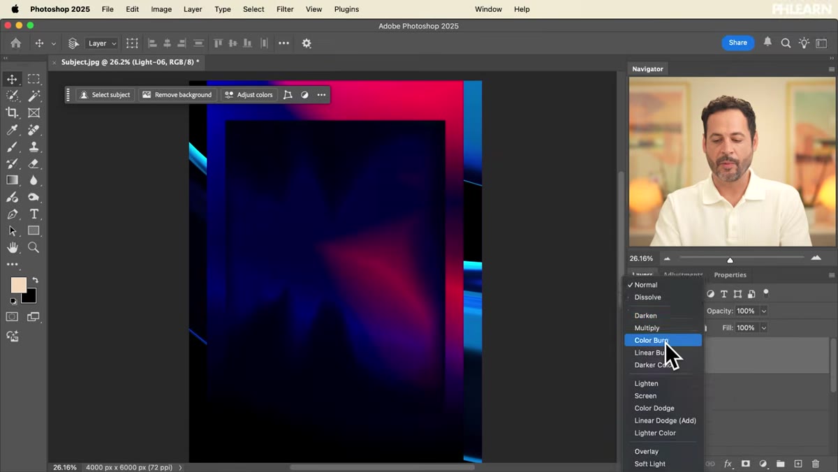 Blend mode dropdown showing Screen selected on light layer