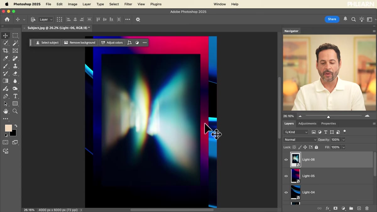 Layers panel showing multiple light streak layers stacked above subject
