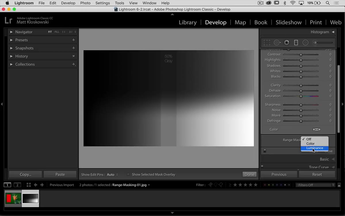 Range Mask dropdown set to Luminance with slider controls visible
