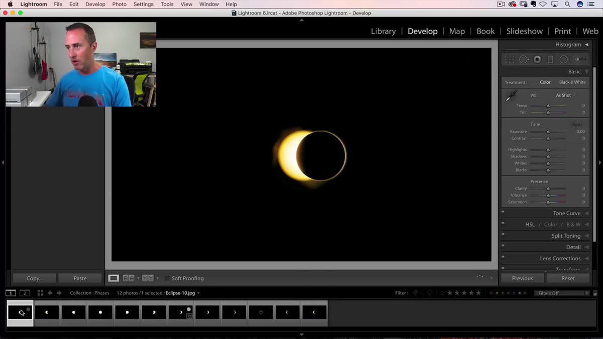 Grid of eclipse phase photos displayed in Lightroom