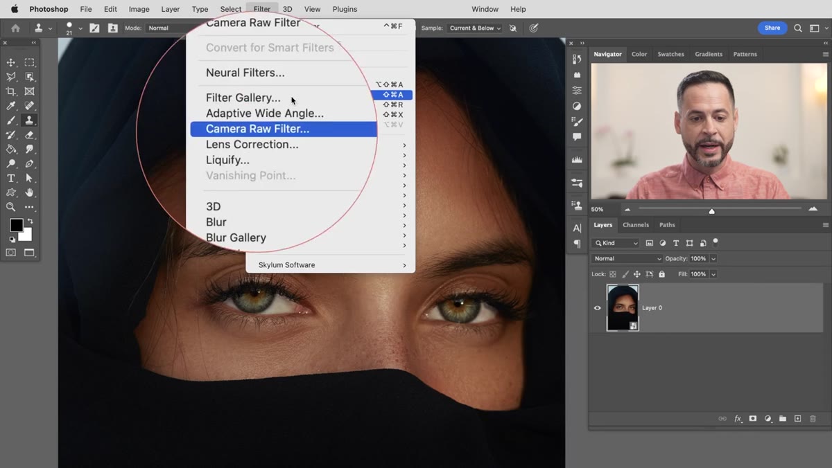 Navigating to Filter > Camera Raw Filter in the menu