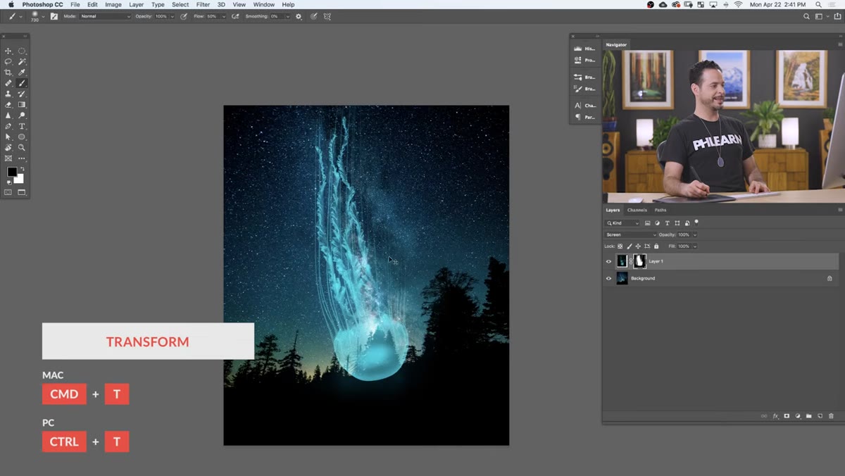 Free Transform active with right-click menu showing Flip Vertical option