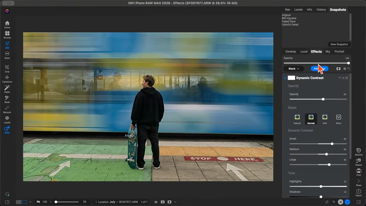 Snapshots panel open with multiple named versions listed