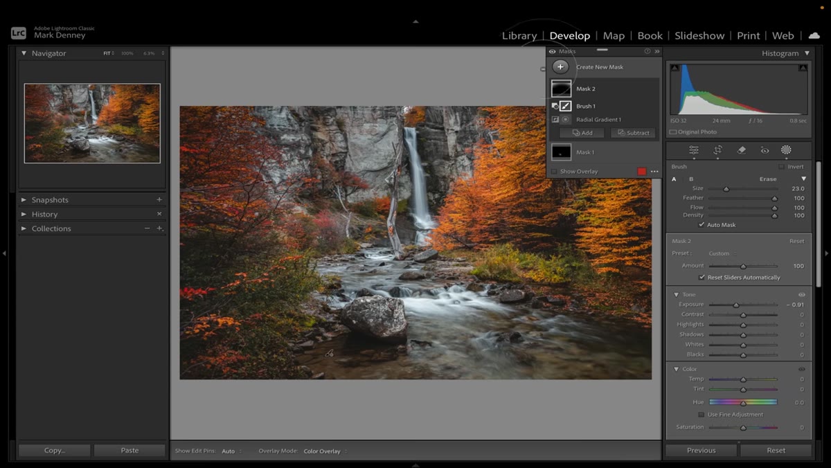Radial Gradient centered on the waterfall to direct viewer attention