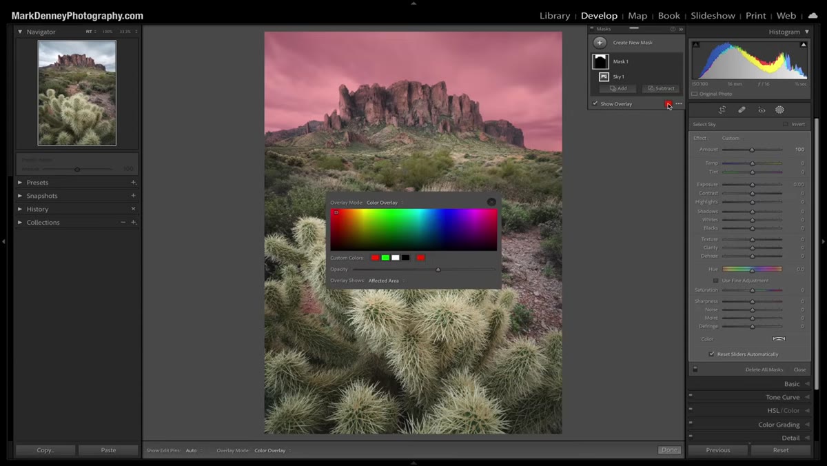 Color picker open, changing overlay color from red to another hue