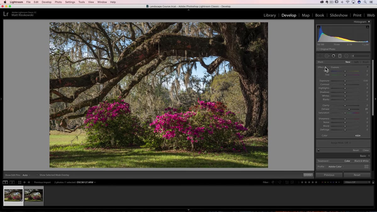 Graduated filter applied with luminance range mask visible