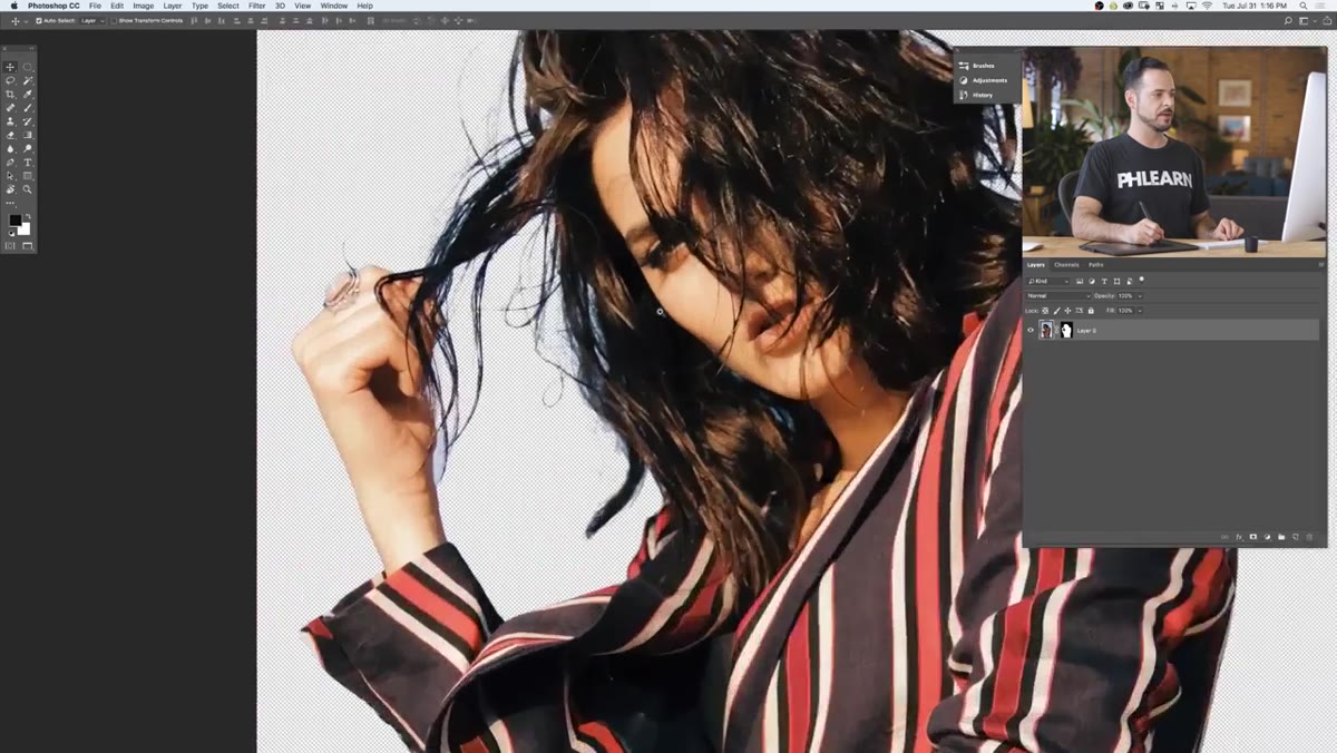 Zoomed view showing blue fringe around hair edges