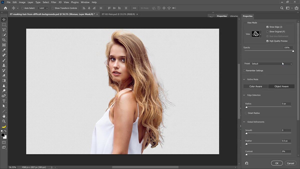 Clicking the Select and Mask button with layer mask thumbnail selected