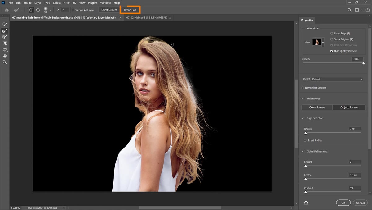 Clicking the Refine Hair button in Select and Mask workspace
