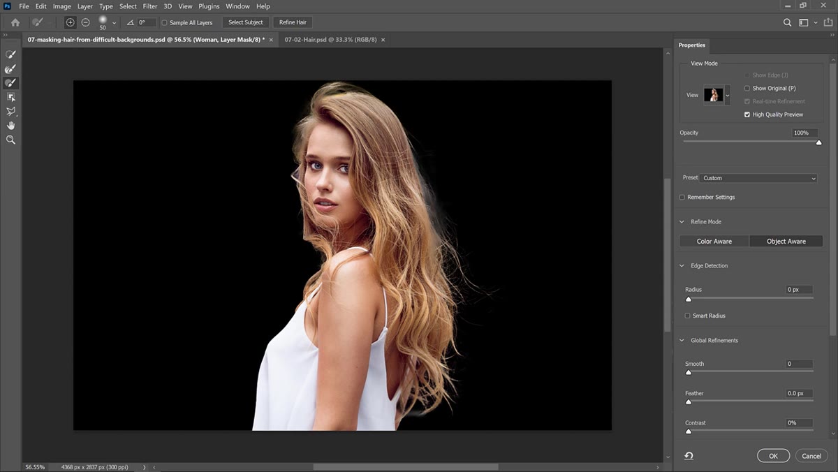 Adjusting Smooth and Contrast sliders in Select and Mask properties