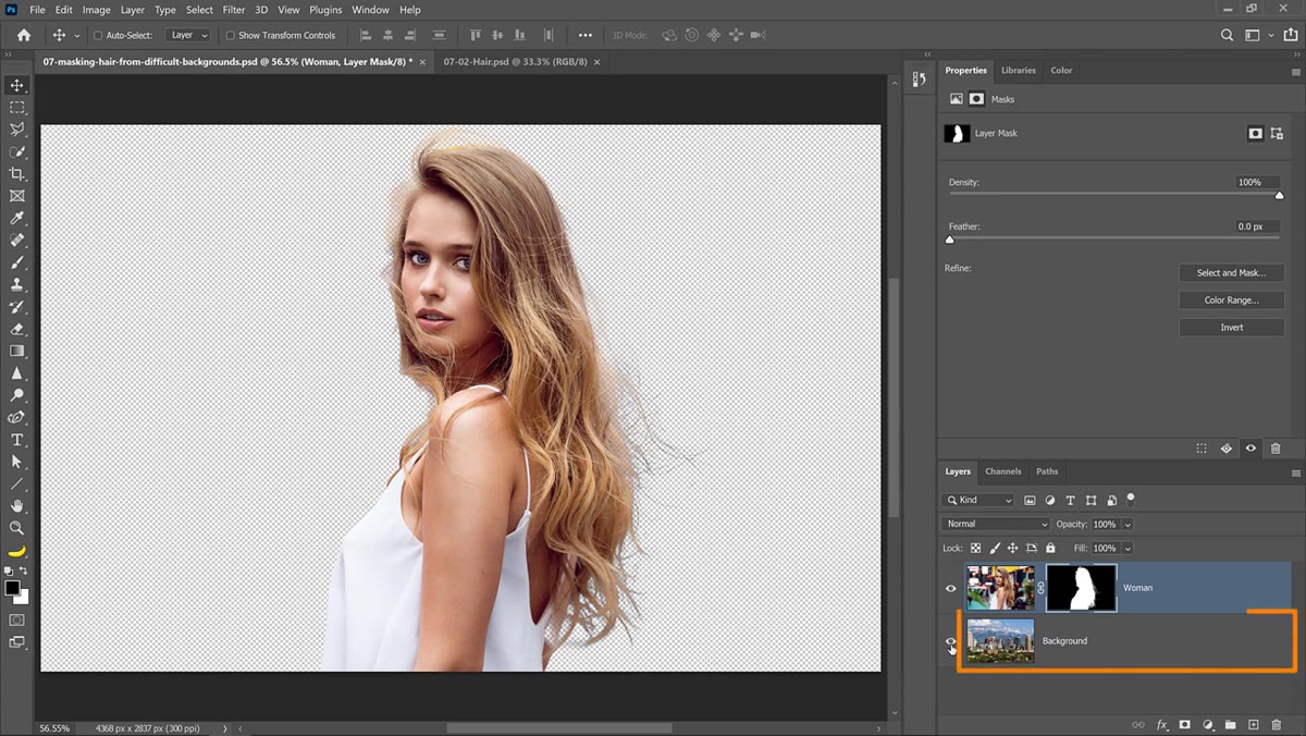 Background layer enabled, revealing how the hair sits against the new scene