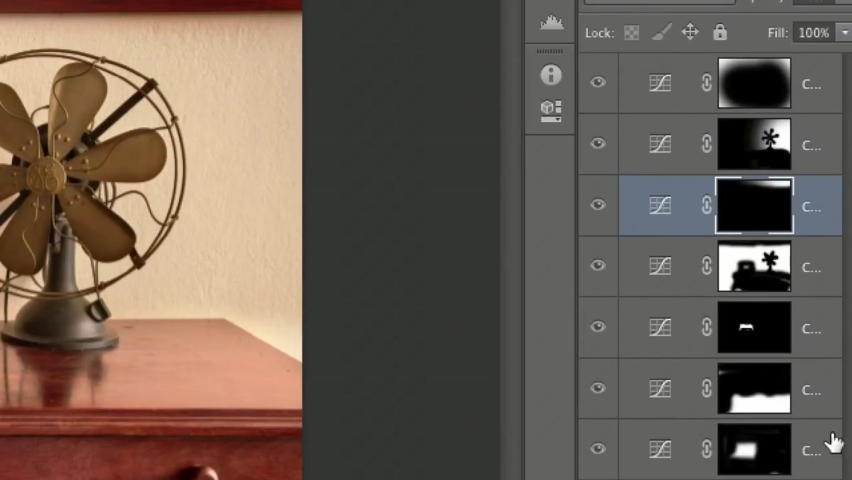 Mask thumbnails in layers panel showing white areas of adjustment coverage
