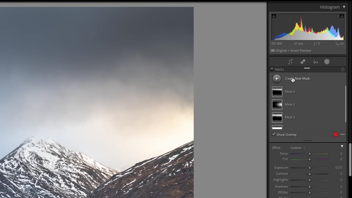 AI sky selection applied, showing mask overlay across the sky area