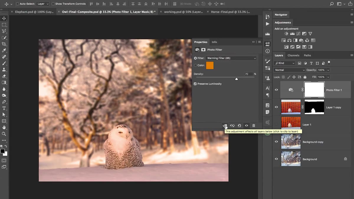 Properties panel showing the clip to layer icon being clicked