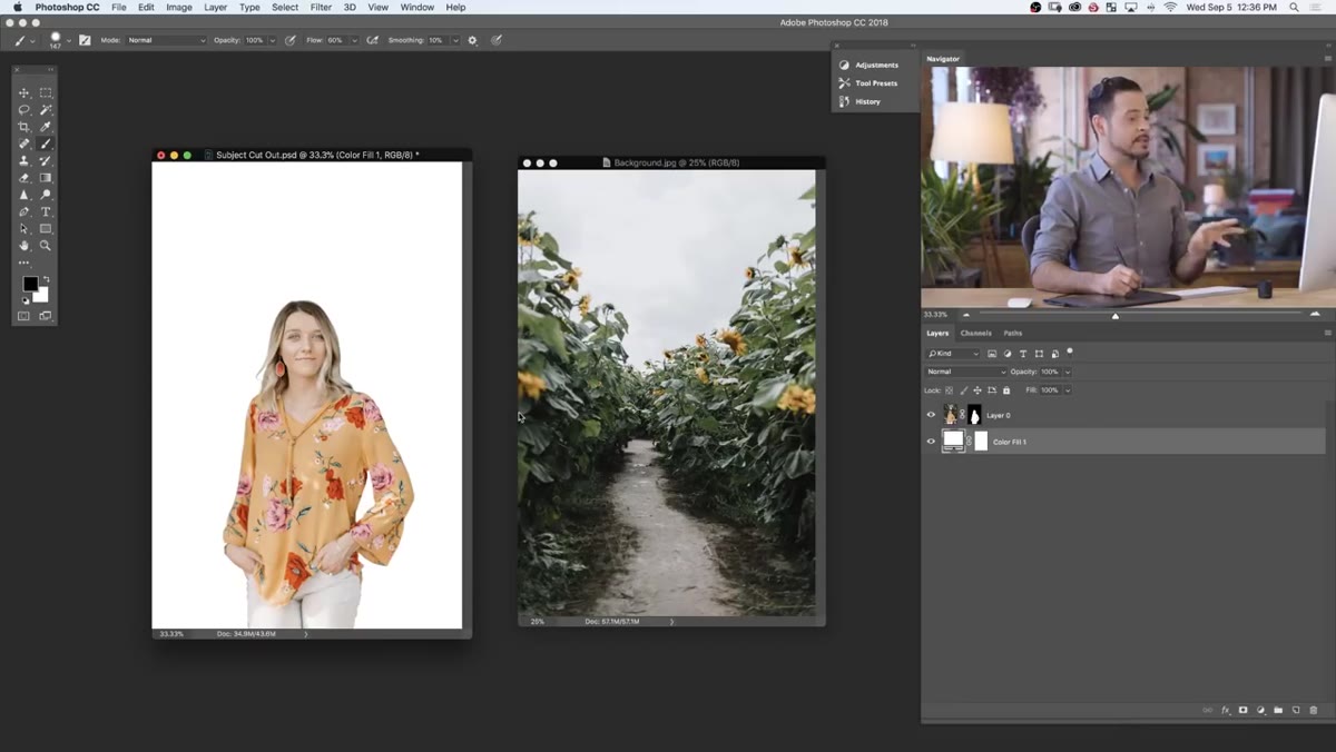 Subject layer and background image open side by side in Photoshop