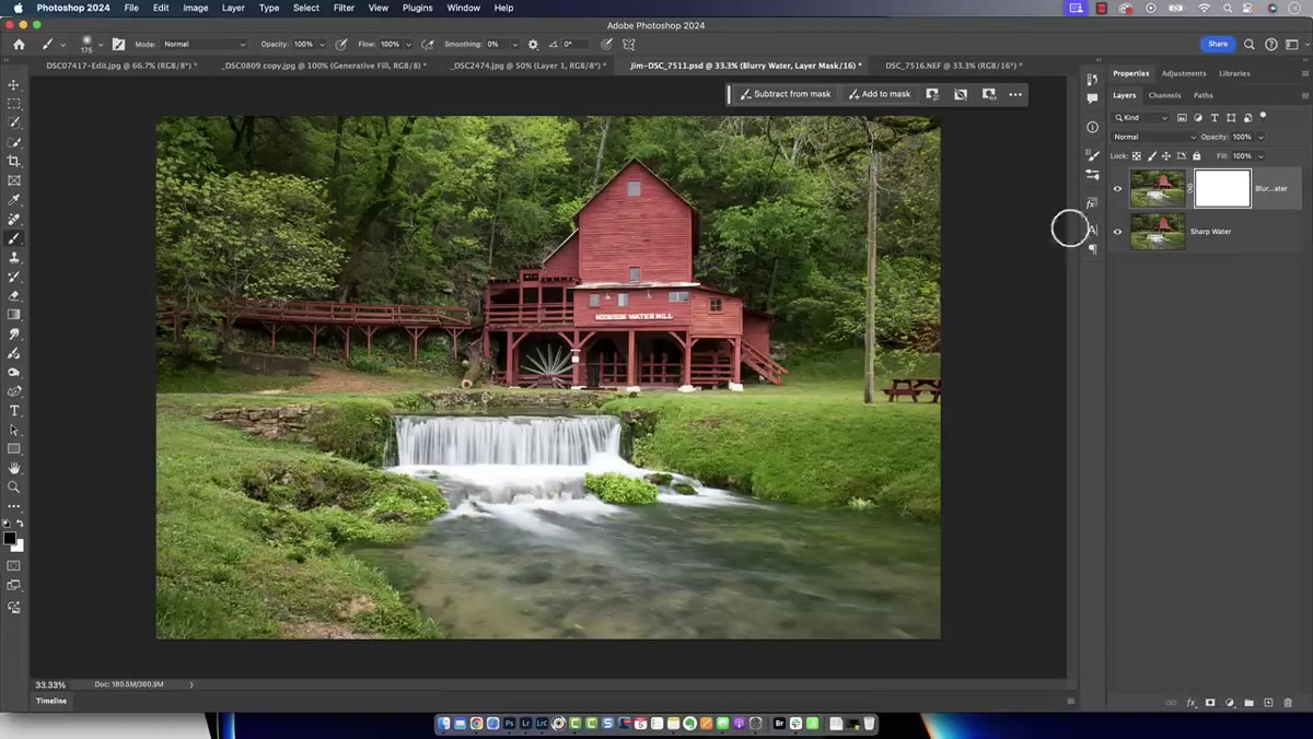 Layer mask filled with black, brush tool selected, foreground color set to white