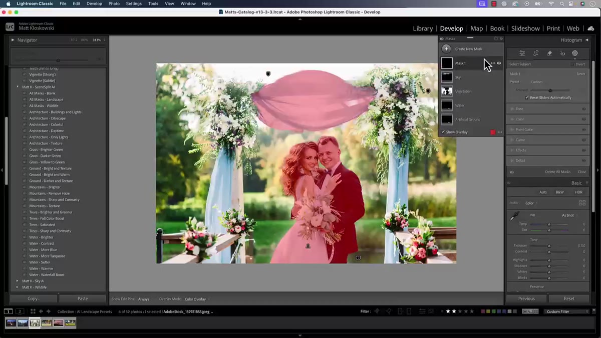 New mask created using Select Subject alongside existing landscape masks